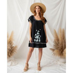 Cute Option Bohemian Black Lined Crepe Embroidered Mini Dress Size L